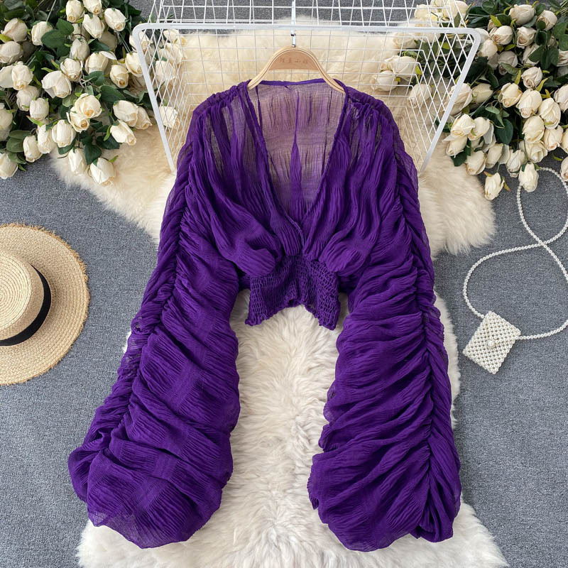 Pleated Trumpet Sleeve Top Versatile Chiffon Shirt