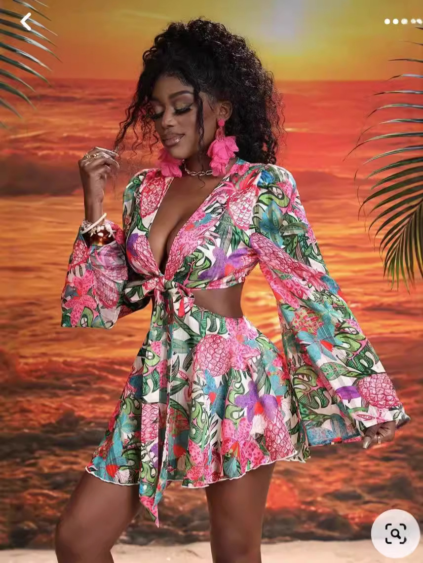 Floral Deep V Trumpet Sleeve Belt Dress