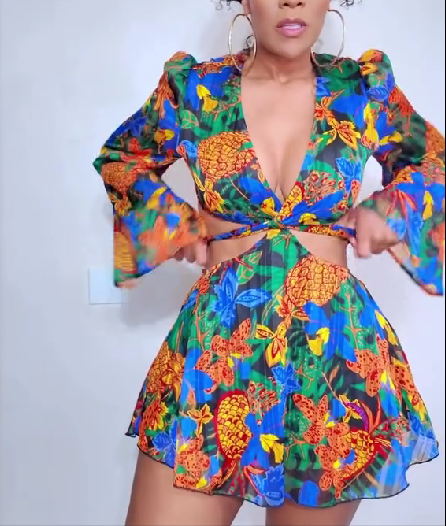 Floral Deep V Trumpet Sleeve Belt Dress