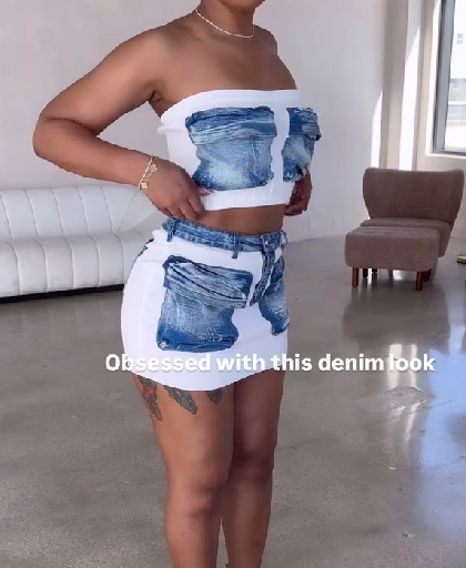 Spliced Denim Tube Top & Skirt Set