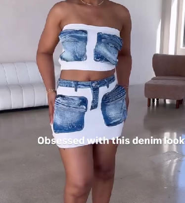 Spliced Denim Tube Top & Skirt Set