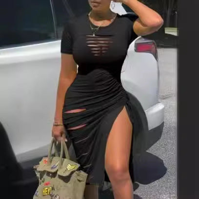 Crewneck Hole Split Folated Dress