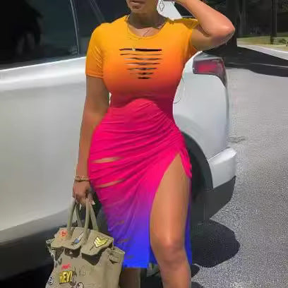 Crewneck Hole Split Folated Dress