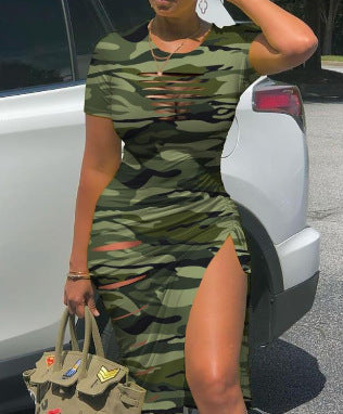 Crewneck Hole Split Folated Dress