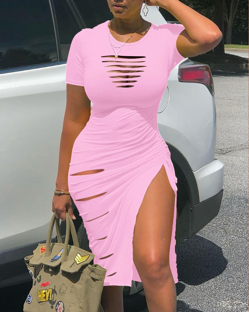 Crewneck Hole Split Folated Dress