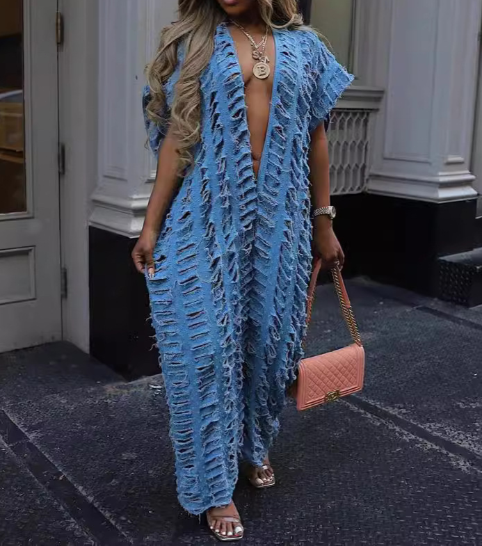 Deep V Ripped Wide-Leg Jumpsuit
