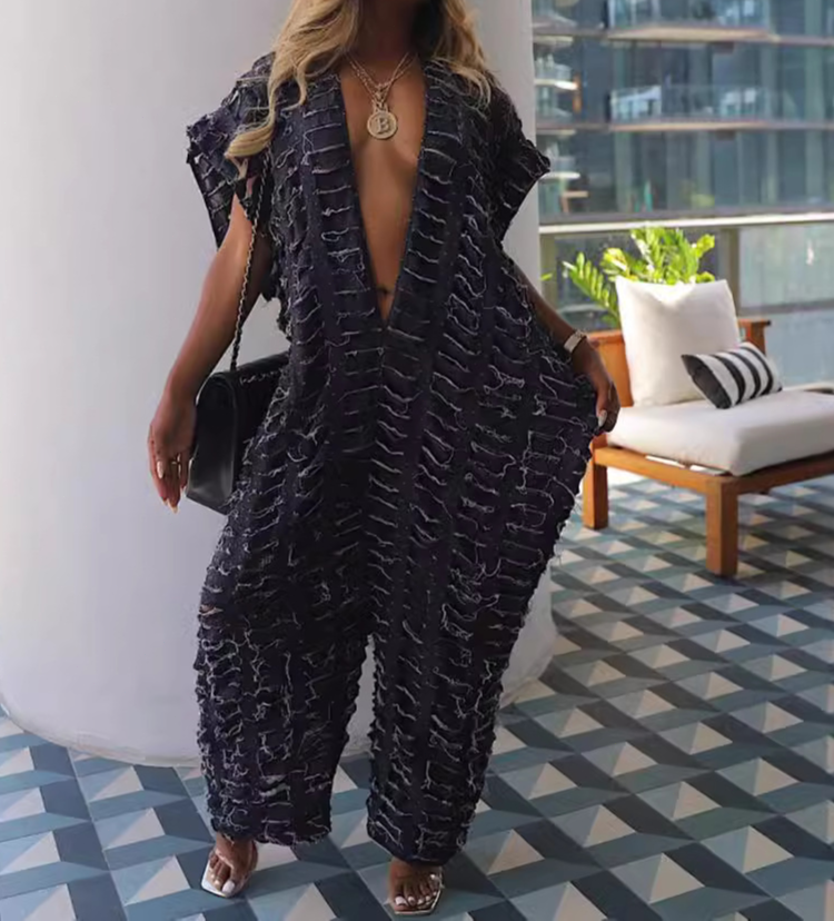 Deep V Ripped Wide-Leg Jumpsuit
