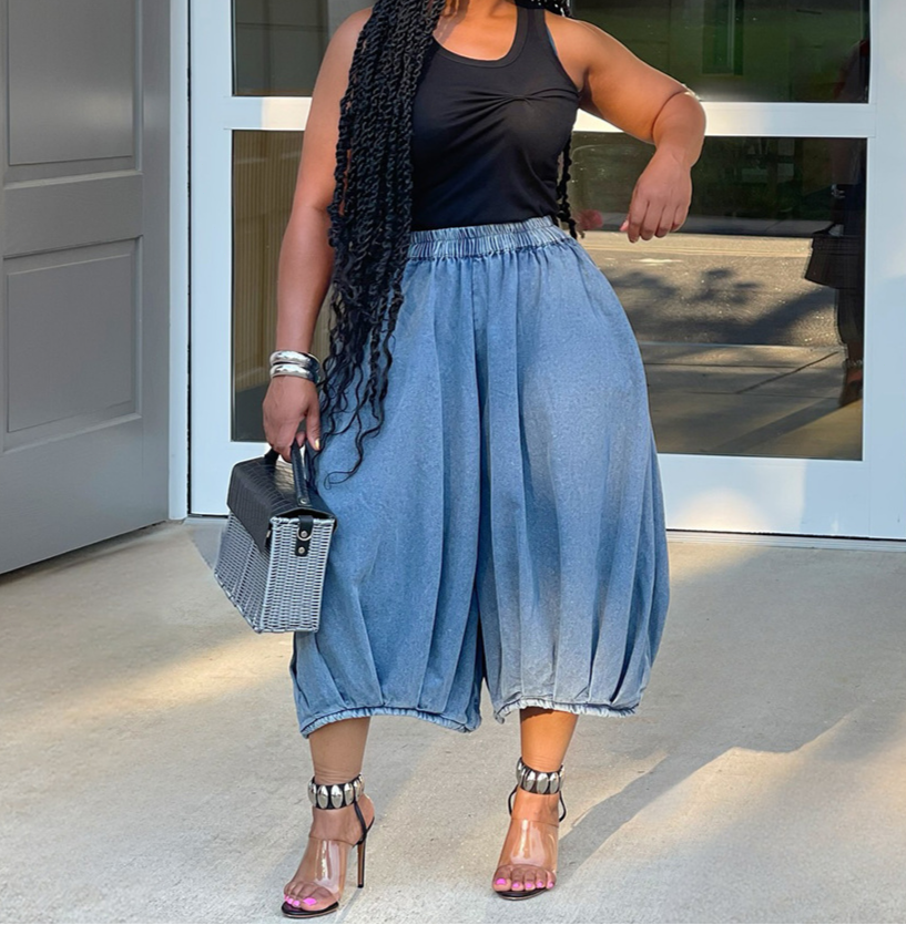 Elastic Waist Wide Leg Cropped Trousers