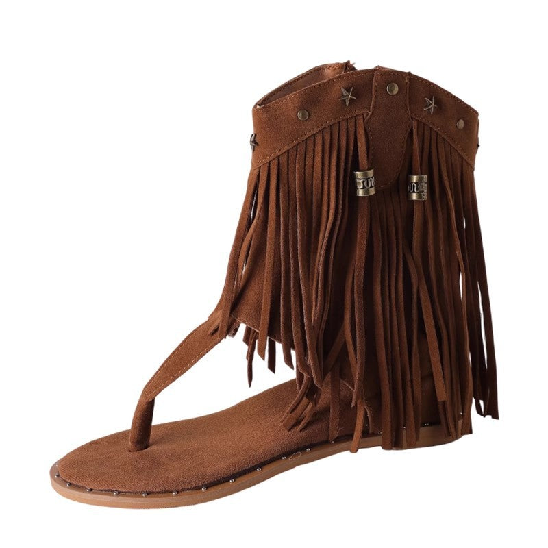 Wedge Clip-Toe Roman Fringe Boots
