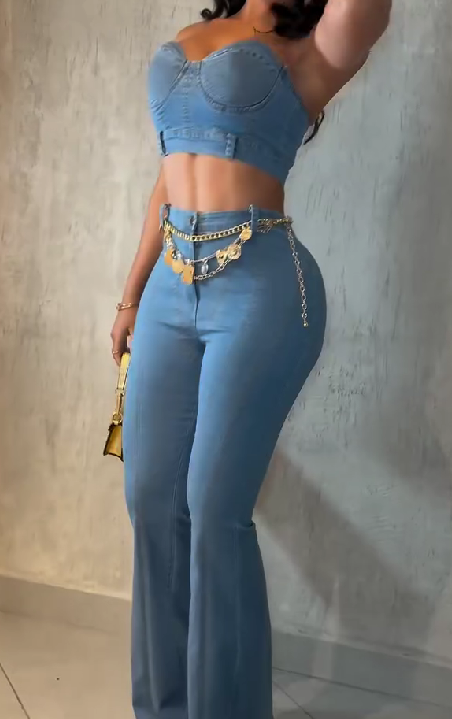 Bandeau Denim Top & Flared Pants Set