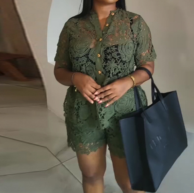 Lace Hollow Short-Sleeved Shorts Two-Piece Suit