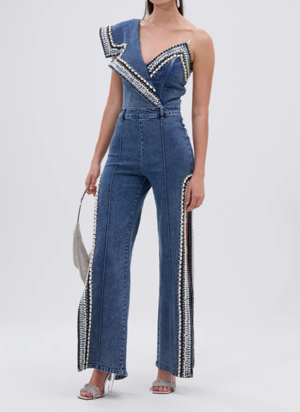 Denim Asymmetrical Pearl Luxurious Bodysuit & Pants With Side Slits Set