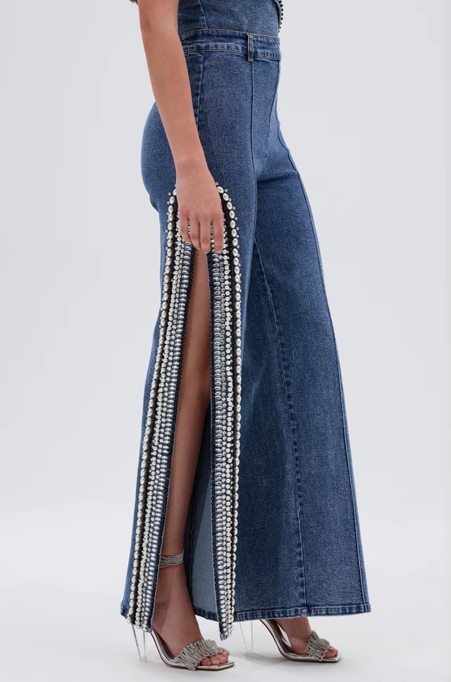 Denim Asymmetrical Pearl Luxurious Bodysuit & Pants With Side Slits Set