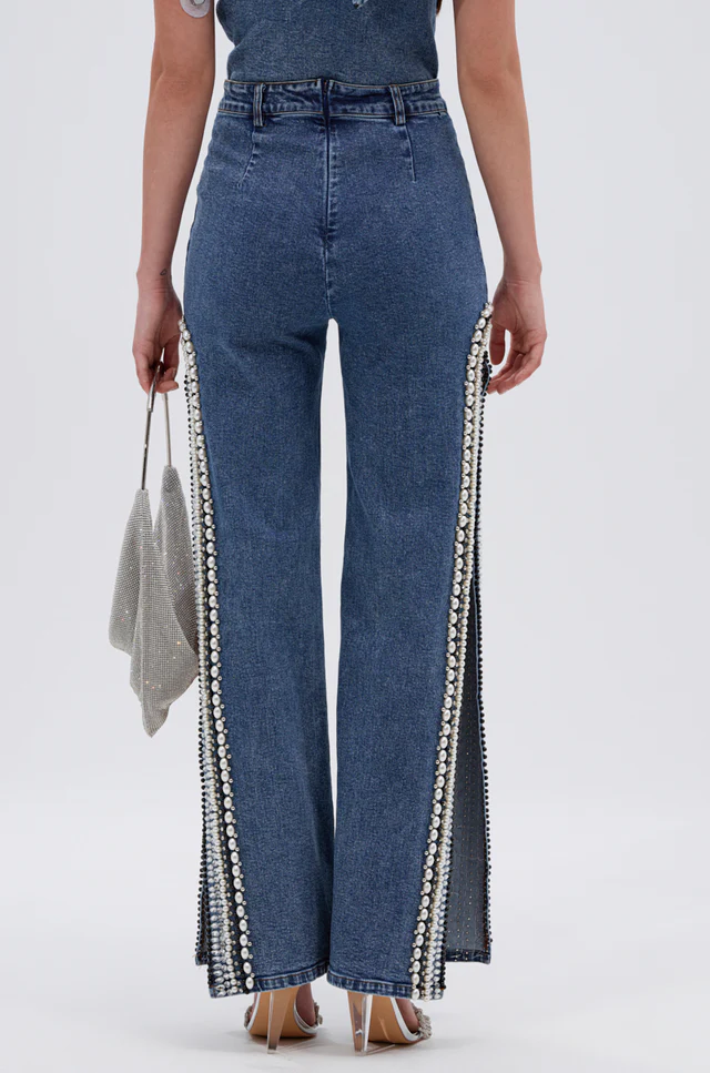 Denim Asymmetrical Pearl Luxurious Bodysuit & Pants With Side Slits Set