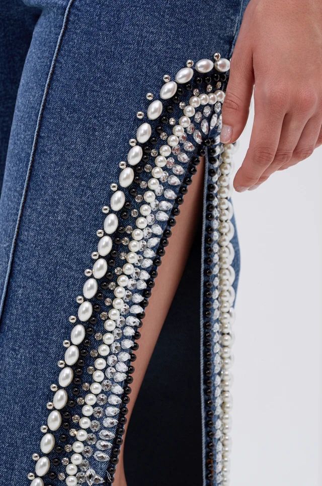 Denim Asymmetrical Pearl Luxurious Bodysuit & Pants With Side Slits Set