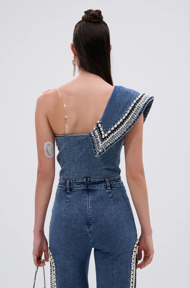 Denim Asymmetrical Pearl Luxurious Bodysuit & Pants With Side Slits Set