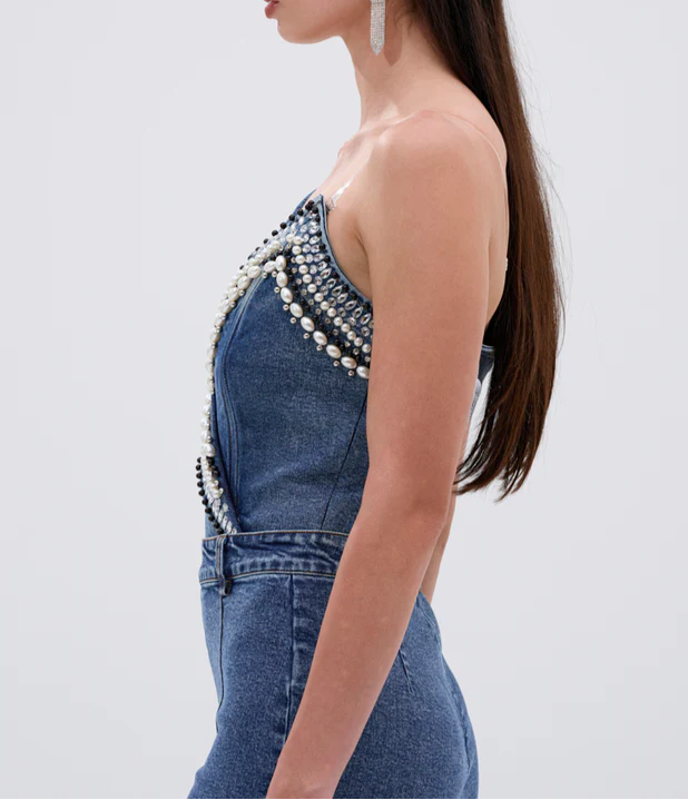 Denim Asymmetrical Pearl Luxurious Bodysuit & Pants With Side Slits Set