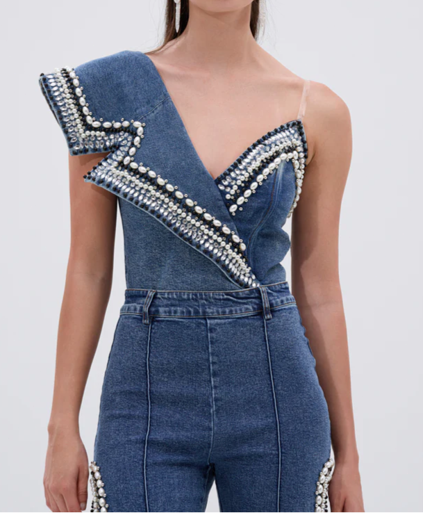 Denim Asymmetrical Pearl Luxurious Bodysuit & Pants With Side Slits Set