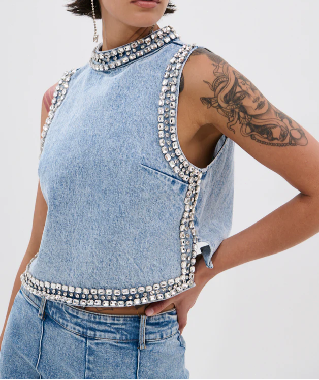 Popping Out Rhinestone Denim Blouse & Pants Set