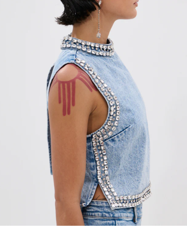 Popping Out Rhinestone Denim Blouse & Pants Set