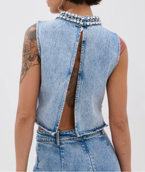 Popping Out Rhinestone Denim Blouse & Pants Set