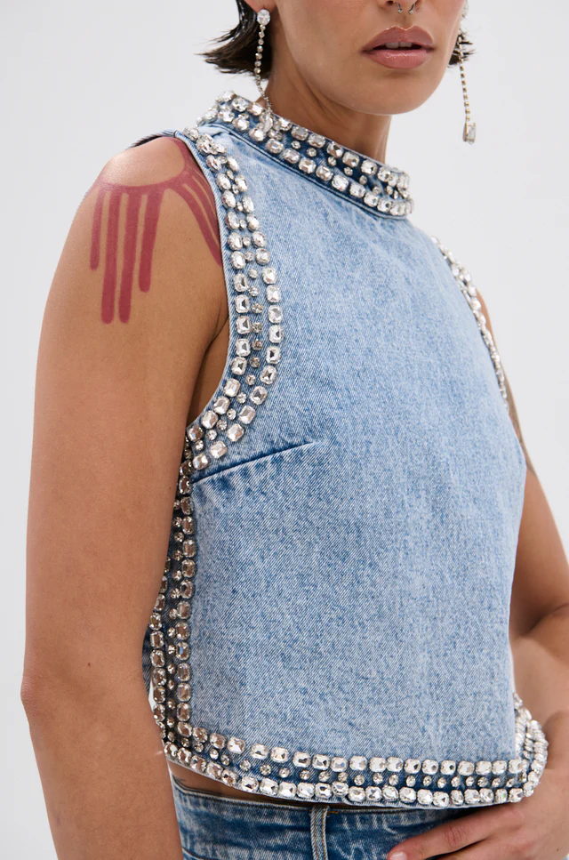 Popping Out Rhinestone Denim Blouse & Pants Set