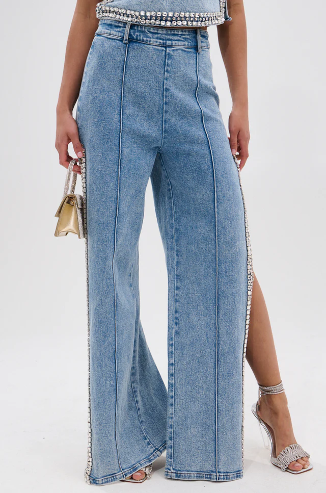Popping Out Rhinestone Denim Blouse & Pants Set