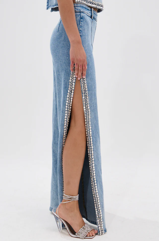 Popping Out Rhinestone Denim Blouse & Pants Set