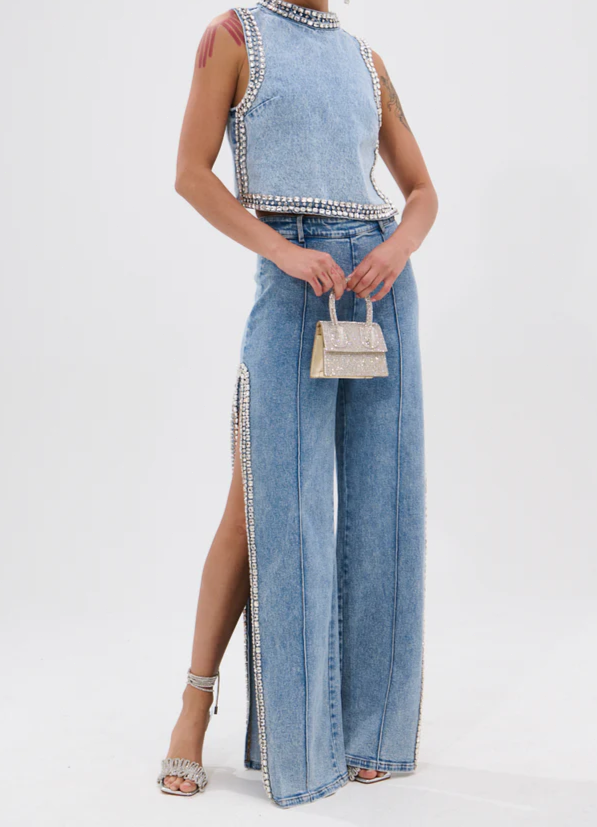 Popping Out Rhinestone Denim Blouse & Pants Set