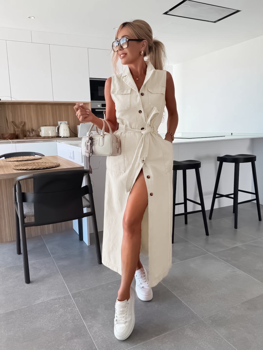 Sleeveless Long Tie Waist Single Breasted Denim Dress