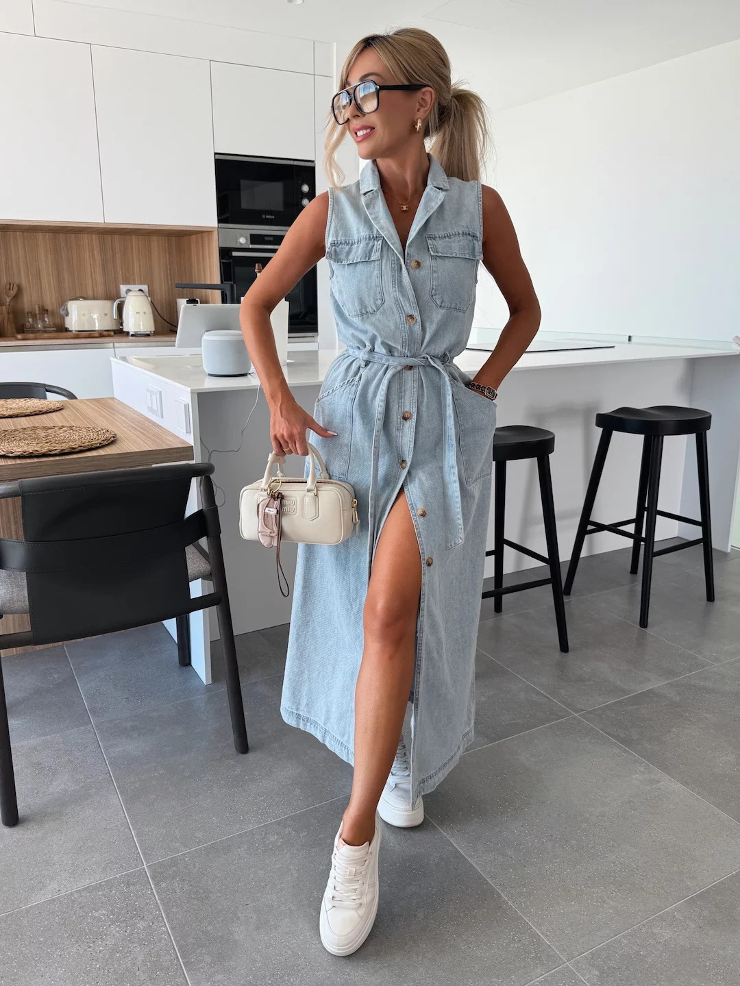 Sleeveless Long Tie Waist Single Breasted Denim Dress