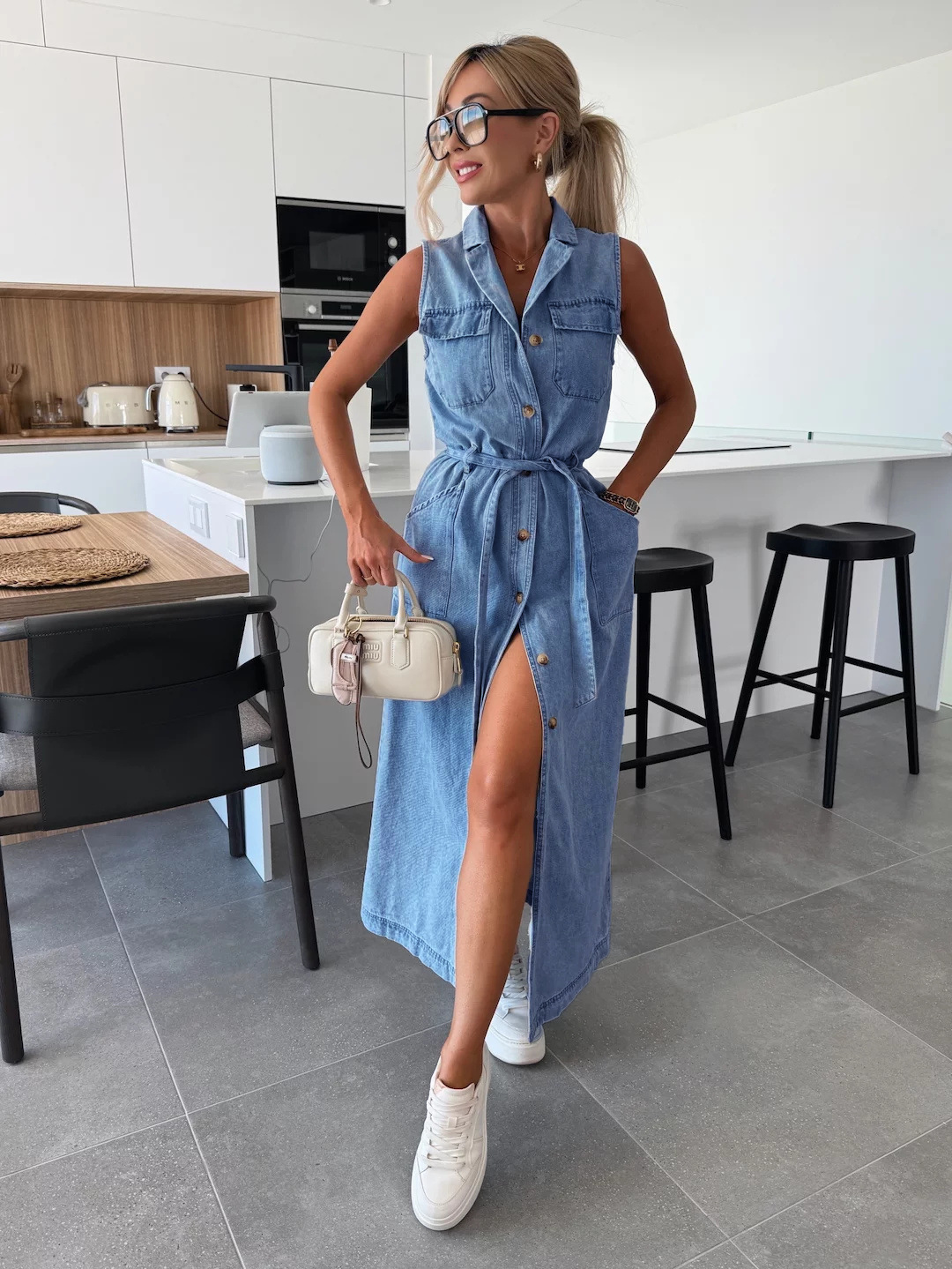 Sleeveless Long Tie Waist Single Breasted Denim Dress