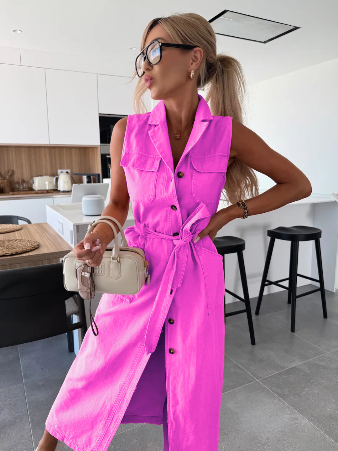 Sleeveless Long Tie Waist Single Breasted Denim Dress
