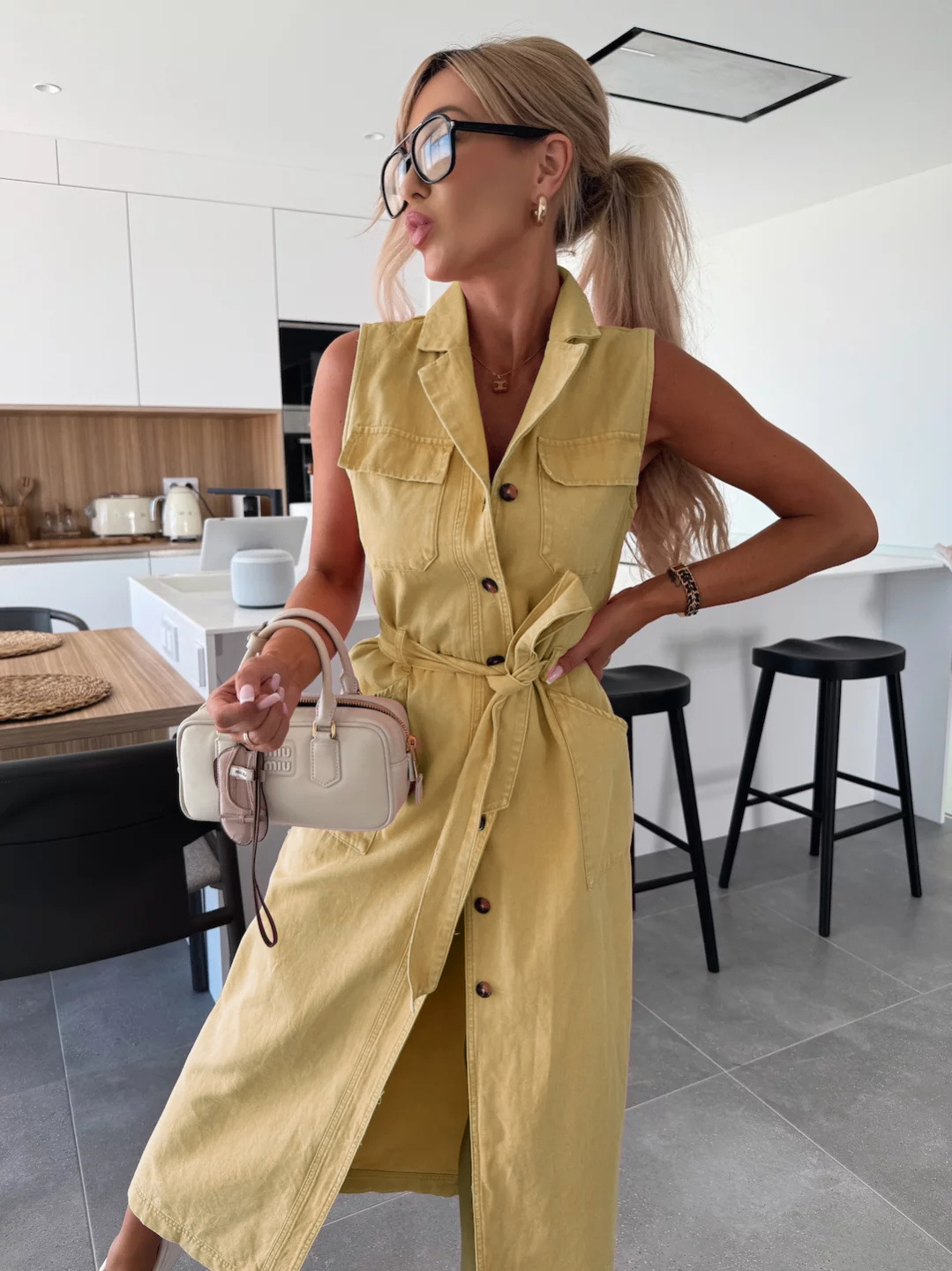 Sleeveless Long Tie Waist Single Breasted Denim Dress