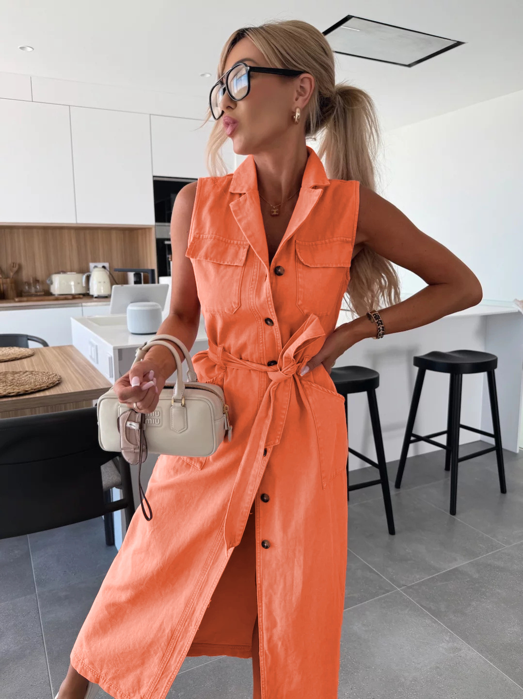 Sleeveless Long Tie Waist Single Breasted Denim Dress