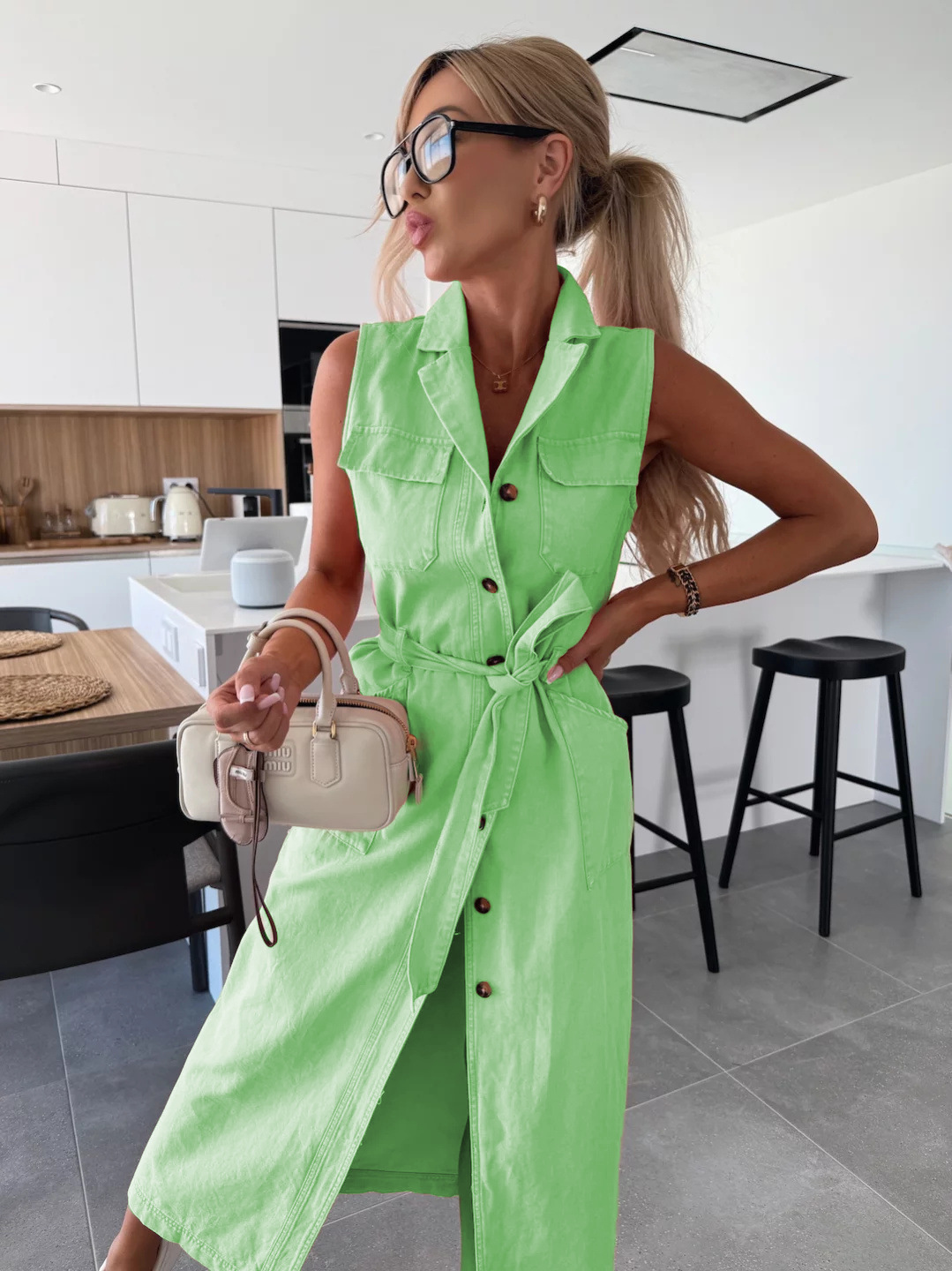 Sleeveless Long Tie Waist Single Breasted Denim Dress