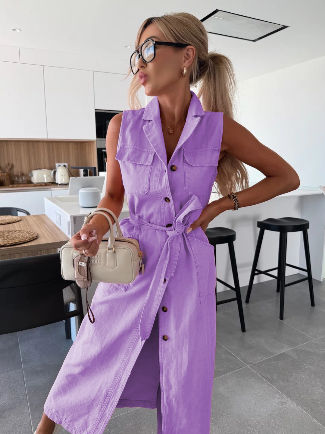 Sleeveless Long Tie Waist Single Breasted Denim Dress
