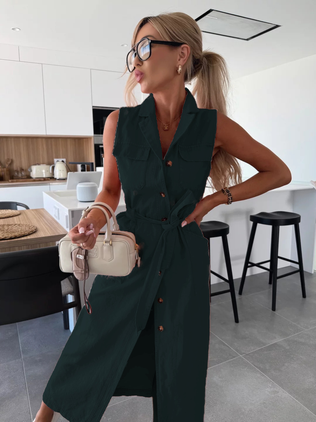 Sleeveless Long Tie Waist Single Breasted Denim Dress