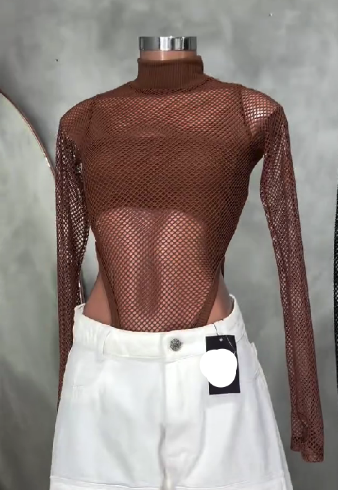 Sheer Fishnet Long Sleeve Bodysuit