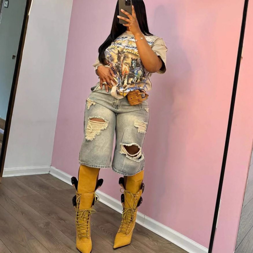 Distressed Ripped Denim Straight-Leg Pants