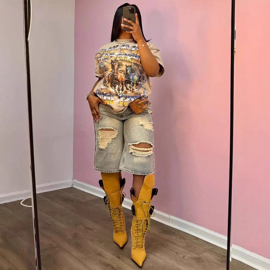 Distressed Ripped Denim Straight-Leg Pants