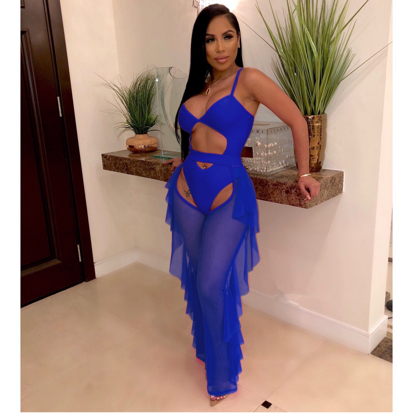 Solid Color Mesh Swimsuit Two Piece Set