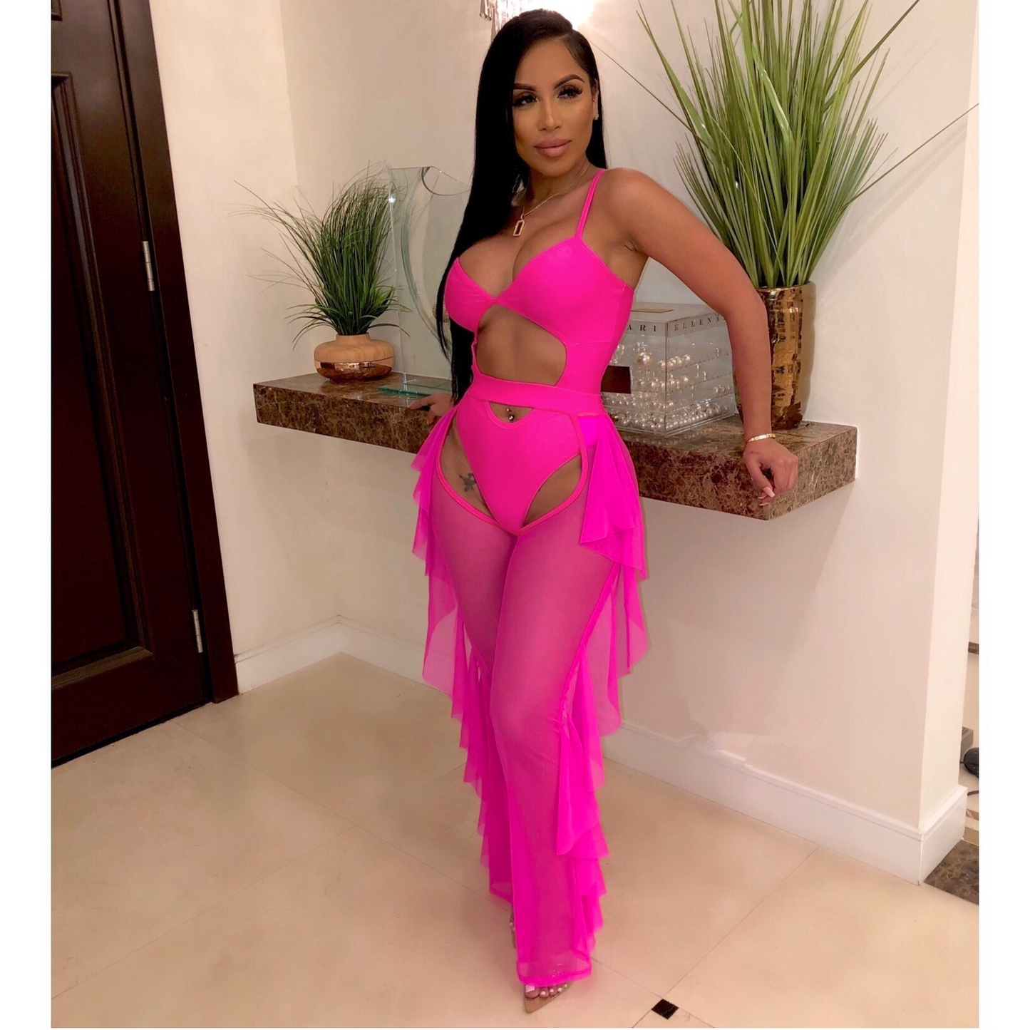 Solid Color Mesh Swimsuit Two Piece Set