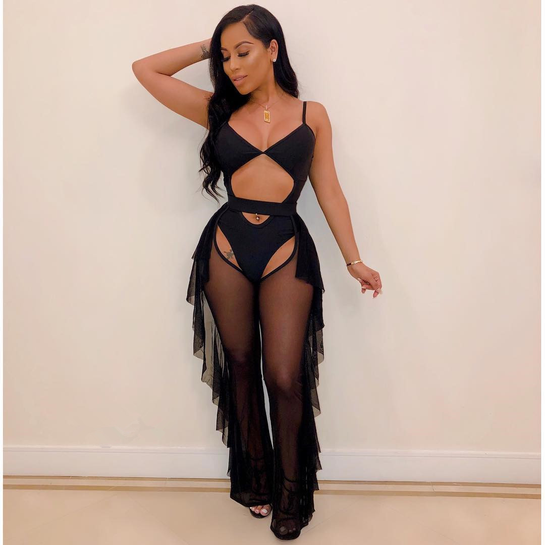 Solid Color Mesh Swimsuit Two Piece Set
