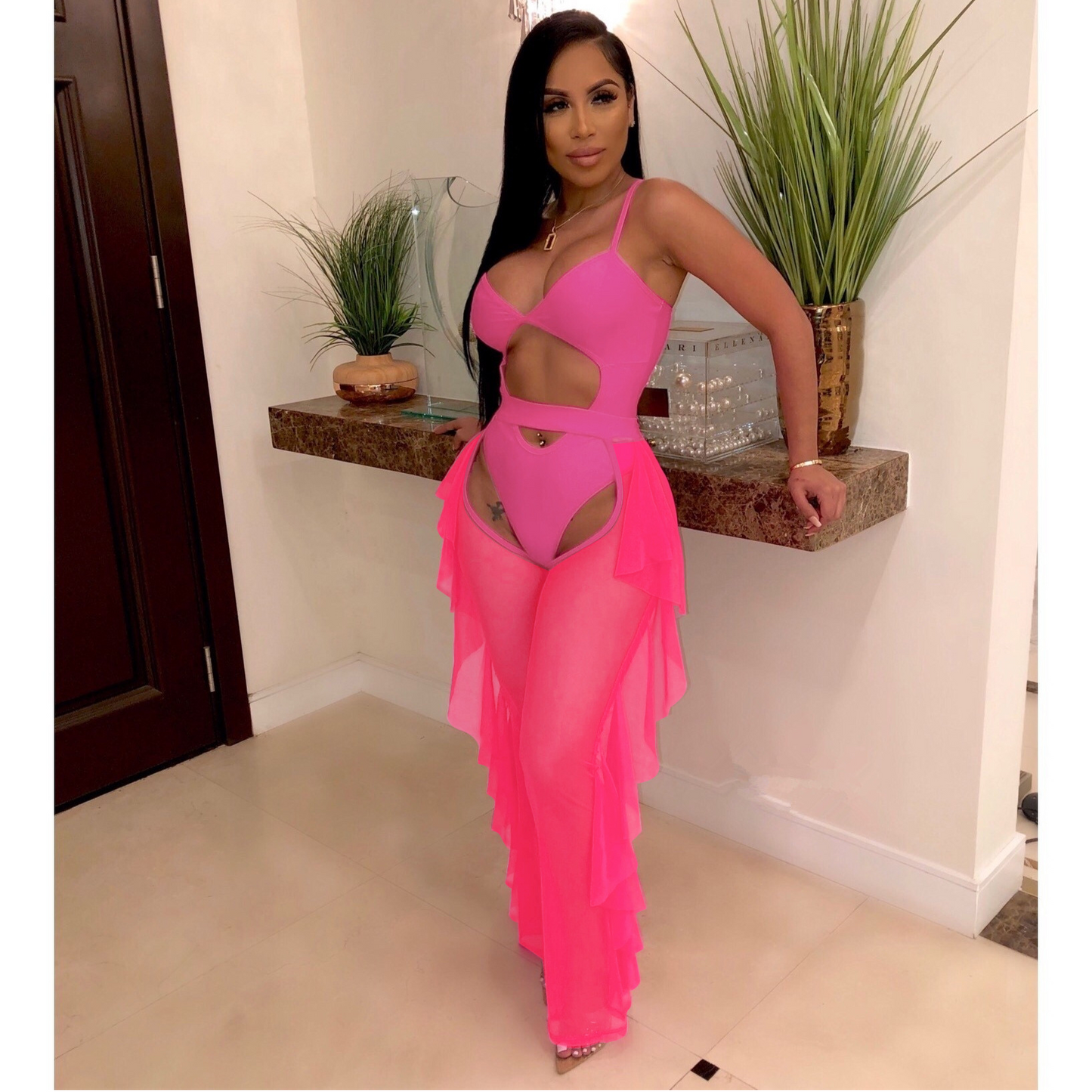 Solid Color Mesh Swimsuit Two Piece Set