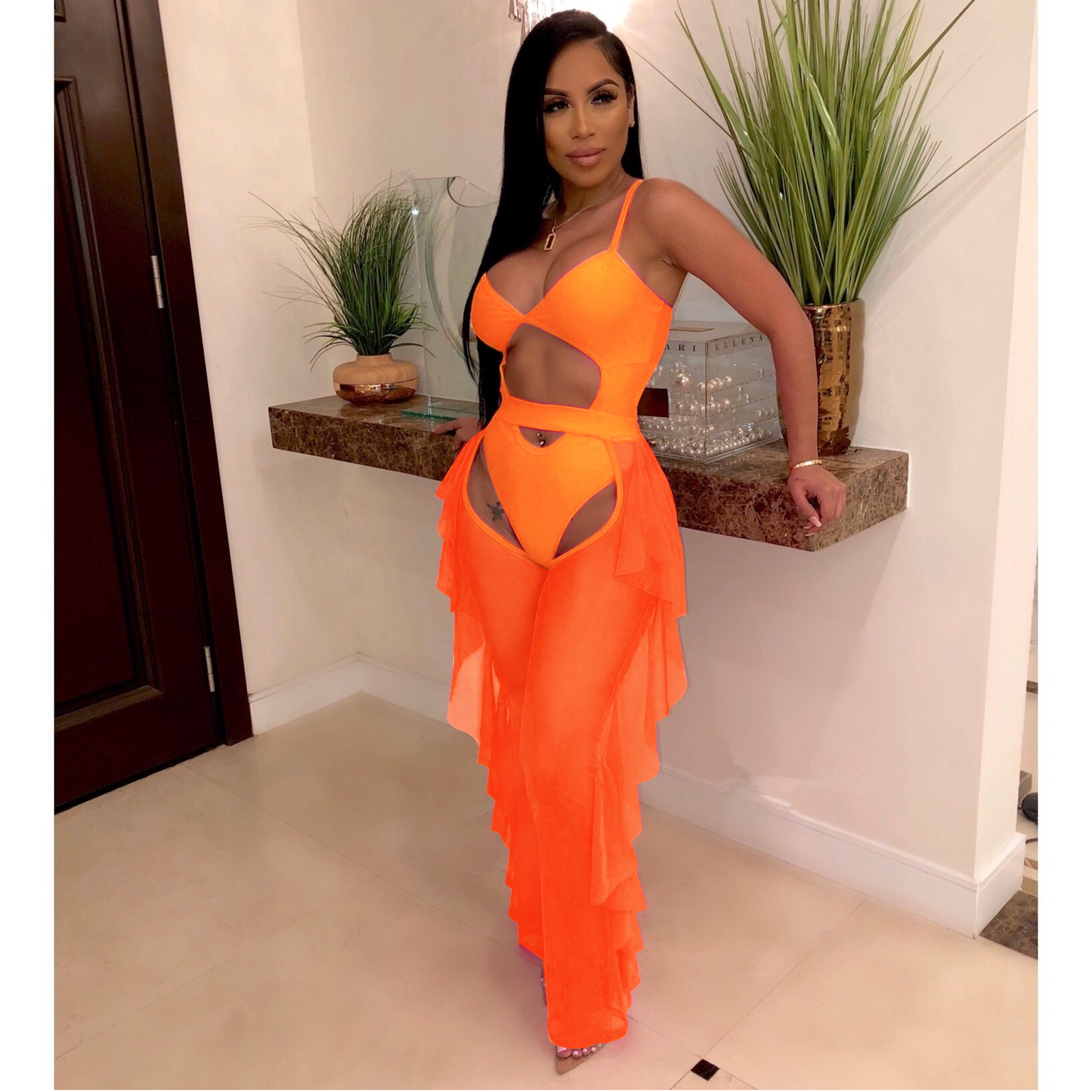 Solid Color Mesh Swimsuit Two Piece Set