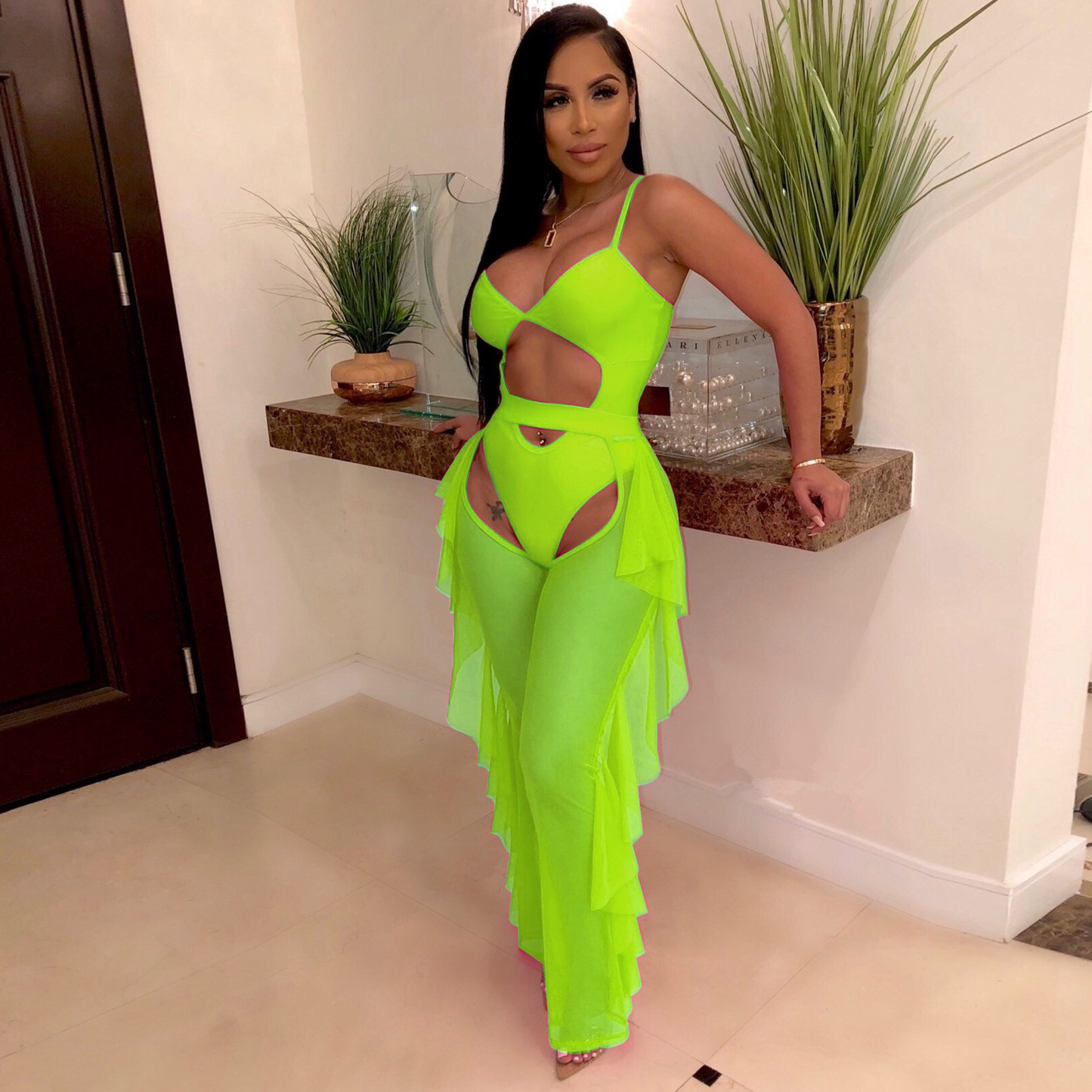 Solid Color Mesh Swimsuit Two Piece Set