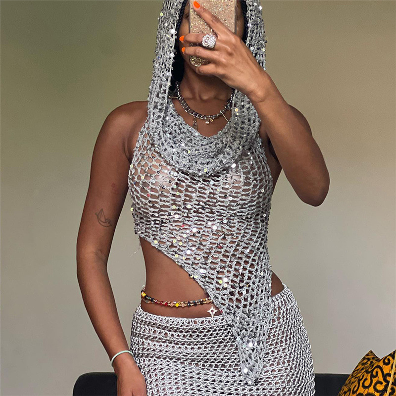 Sequin Hooded Sexy Sleeveless High Waist Mini Skirt Set