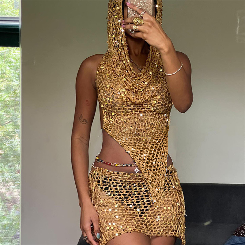 Sequin Hooded Sexy Sleeveless High Waist Mini Skirt Set