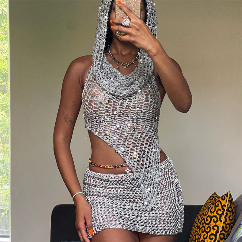Sequin Hooded Sexy Sleeveless High Waist Mini Skirt Set